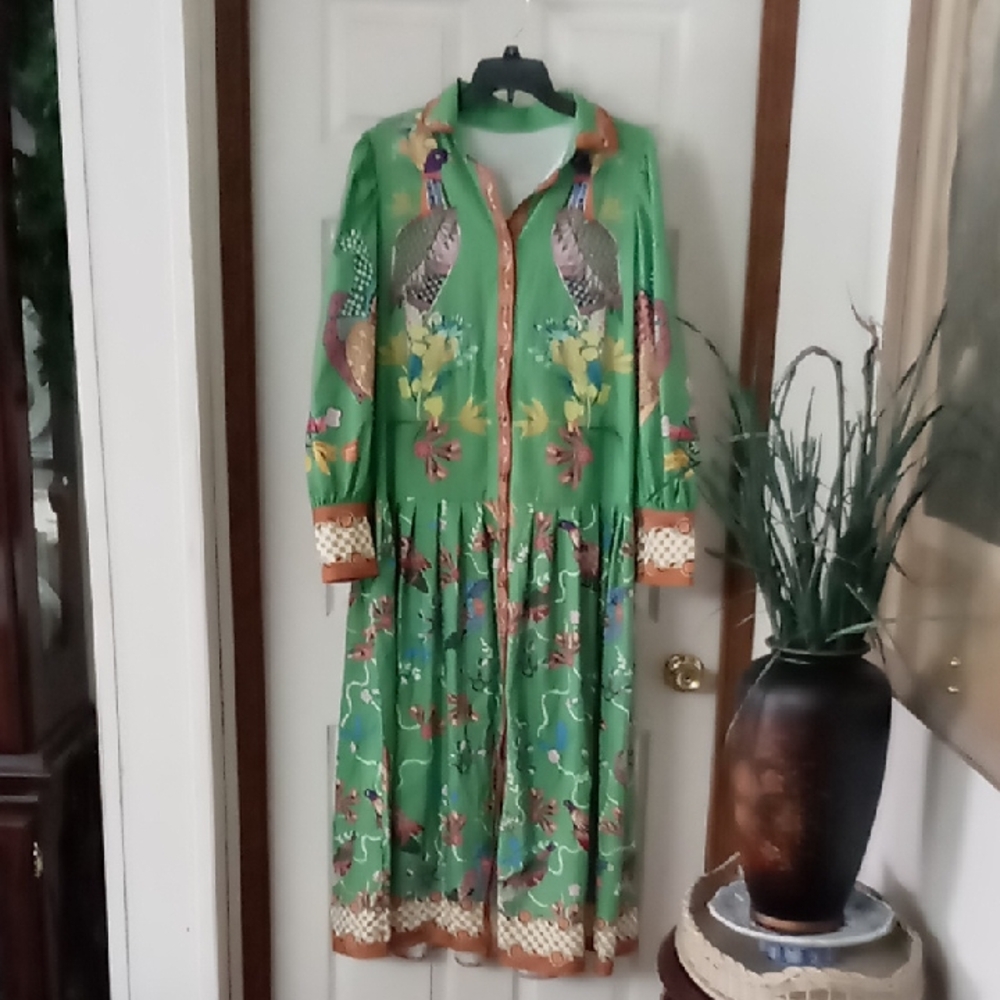 Vibrant Green and Brown Long Sleeve Dress